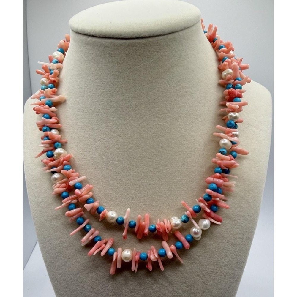 Vintage 925 Silver Pink Angel Skin Coral Pearl Turquoise 34" Coastal Necklace